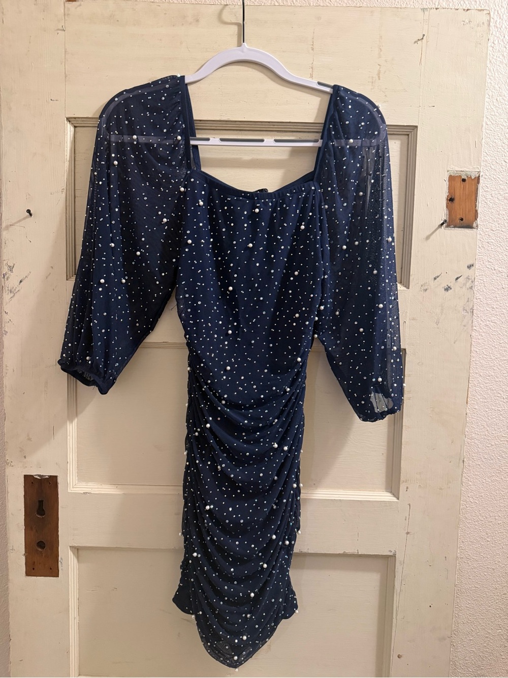 Xtraordinary Navy Pearl Rhinestone Ruched Mesh Dress M